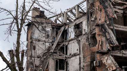 ruined street and destroyed houses the city Kiev war in Ukraine