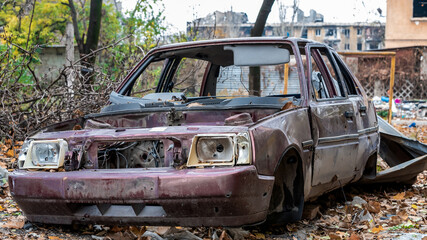 ruined street and destroyed houses the city Kiev war in Ukraine