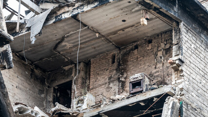 ruined street and destroyed houses the city Kiev war in Ukraine