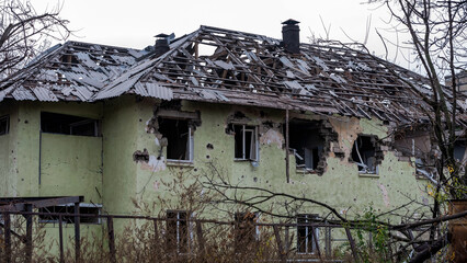 ruined street and destroyed houses the city Kiev war in Ukraine