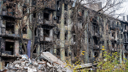 ruined street and destroyed houses the city Kiev war in Ukraine