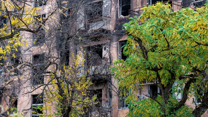ruined street and destroyed houses the city Kiev war in Ukraine