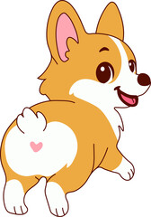 Smiling cartoon corgi turning back with heart shaped marking