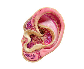 Detailed anatomical cross-section of an ear, highlighting inner structures.  Layered, multi-colored representation of the ear's components, including the outer, middle, and inner ear.