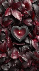 Heart-shaped candle glowing amongst rich, dark red leaves, creating a sense of warmth and peace