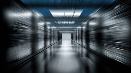 Data center server room with motion blur creates a sense of speed and depth
