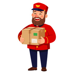 Cheerful Cartoon Mailman Holding Package.