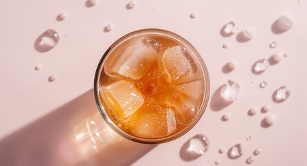 Chilled Elixir with Frozen Cubes A Dance of Light and Shadow on a Neutral Canvas.