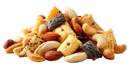 Asian rice cracker snack mix with nuts isolated on white