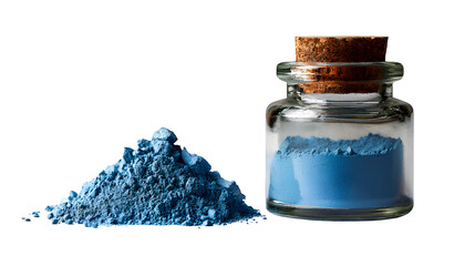Obraz premium powdered blue pigment next to small glass jar isolated on white background