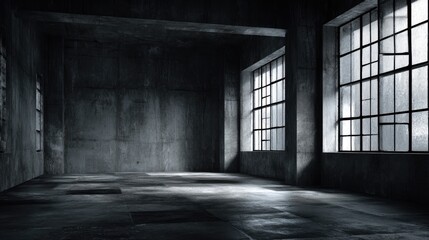 Dilapidated, high-ceilinged room with large windows casting light onto worn concrete walls and floor; a stark, desolate interior
