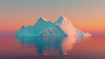 Floating iceberg with sharply defined peaks reflects in calm, rosy water under a soft sunset sky