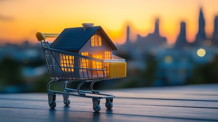 House model in shopping cart at sunset view.