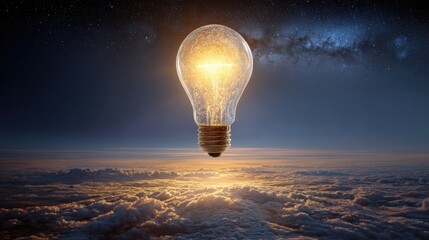 Glowing bulb floats above cloudscape under dark starry sky, suggesting innovation