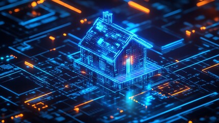 Futuristic digital house on circuit board.