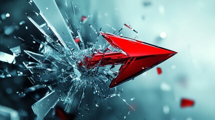 Dynamic abstract red arrow breaking through glass.