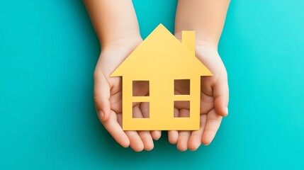 Hands holding a yellow house model symbolizing home.