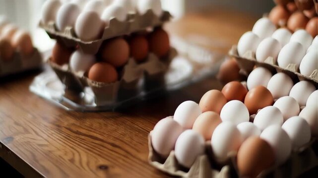 Stacked cartons of white and brown eggs on a wooden table
