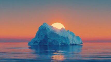 Iceberg at sunset reflecting in the water, creating a serene and majestic scene under a pink and orange sky