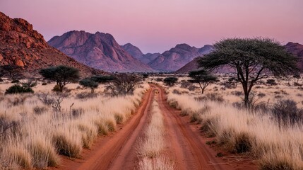 Red dirt road leads through grassy savanna towards mountains under a pink sky with lone trees dotting the landscape
