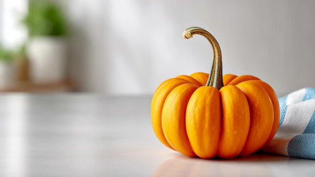 Vibrant orange pumpkin resting on a light wooden table, partially draped with a blue and white striped cloth, showcasing its smooth texture and natural curves in a cozy kitchen setting