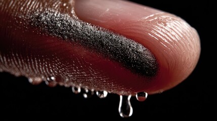 Extreme close-up of a human finger, coated in black substance and dripping with clear liquid, isolated against a dark background
