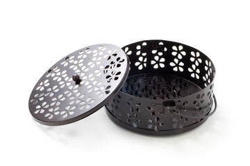 Metal ash tray for mosquito coil isolated on white background