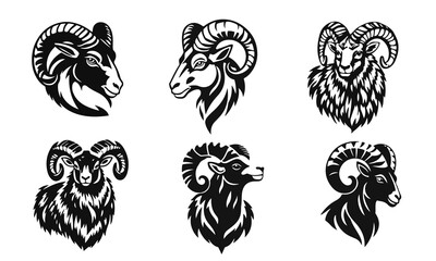 Ram head vector set, wild sheep illustration, strong horned animal logo, mountain ram graphic, bighorn sheep design