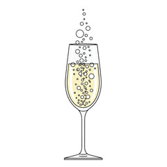 Champagne flute with bubbles, isolated on white background.