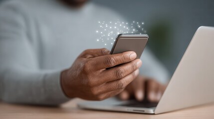 Hands engage with a smartphone while multitasking on a laptop at a cozy indoor workspace, blending technology and connection. National Crime Prevention Month