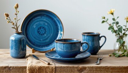 ultra sharp isolated tableware set constructed using blue algae pigment, detailed with stone like solid feel, 100% biodegradable, set against pure white void with crisp detail.