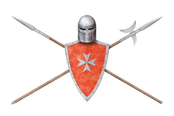 helmet red shield with a cross spear and halberd isolated on white