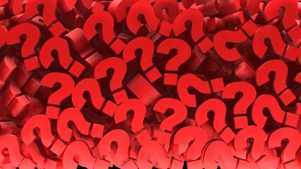 Falling and scattered 3D question mark isolated on black screen.