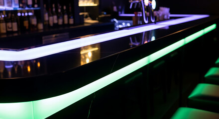 Illuminated bar counter with bottles and beer taps in a dimly lit modern establishment scene ai generated