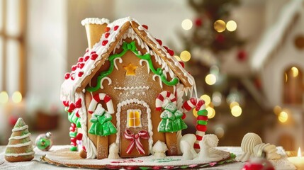 Fototapeta premium Christmas Gingerbread House: Celebrating Holiday Cheer with Handcrafted Designs, Colorful Icing Decor, and Festive Candy Accents – Perfect Visual Inspiration for Christmas Baking, Home Decor, Holiday 