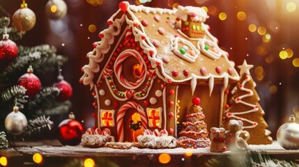 Fototapeta premium Christmas Gingerbread House: Celebrating Holiday Cheer with Handcrafted Designs, Colorful Icing Decor, and Festive Candy Accents – Perfect Visual Inspiration for Christmas Baking, Home Decor, Holiday 