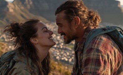 Smiling hikers look at each other in the mountains, city in the background. Backpacks and casual wear. Loving moment
