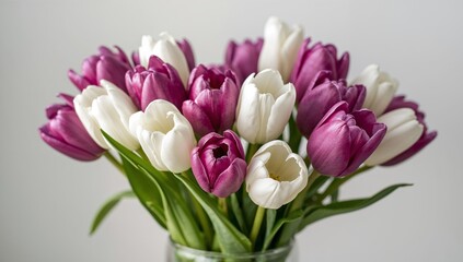 Fototapeta premium Floral Arrangement with Purple and White Tulips A Celebration of Spring Colors.