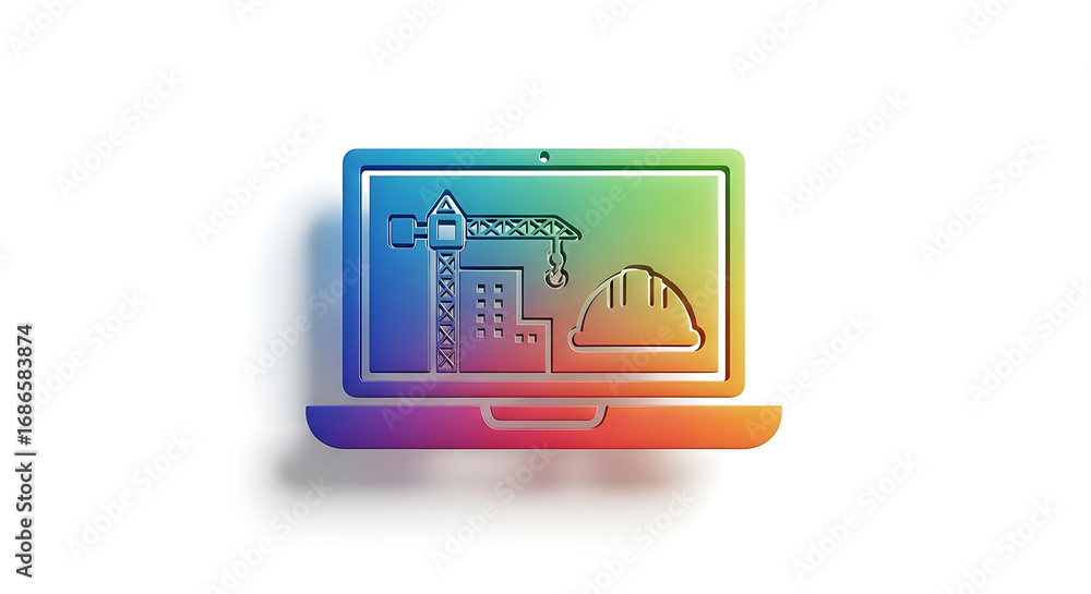 Poster laptop displaying construction icons including a crane building and a hard hat design element