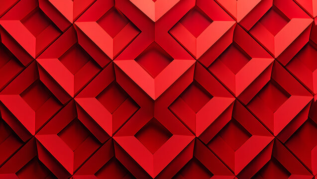 An Abstract Geometric Pattern Composed of Interlocking Red Squares and Rhombuses Creating Depth and Shadow Effects in a Repeating Tessellation