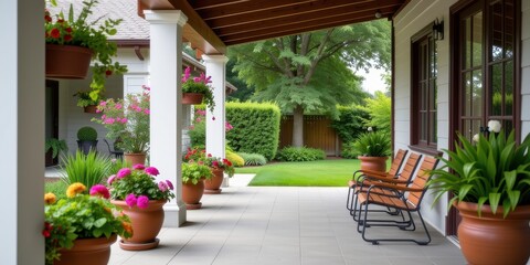 Fototapeta premium A serene porch adorned with plants and seating, inviting relaxation.