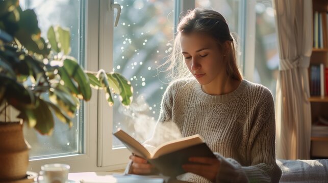 National Quiet Day. A serene woman in her 30s sitting by a large window, reading a book with soft morning light streaming in, wearing cozy knit sweater, steaming coffee cup on wooden table