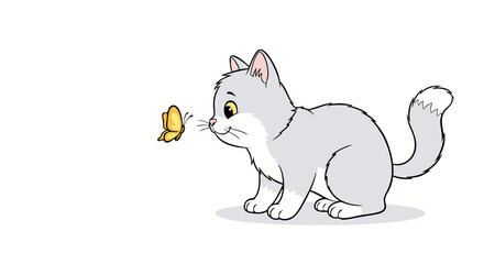 Vector Cute Animal Icon SVG Illustration of Gray Kitten with Butterfly in Flat Geometric Style for Web Design
