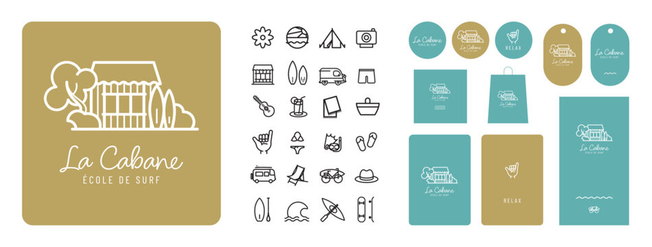 Un logo minimaliste et moderne repr&eacute;sentant l&rsquo;univers du surf, accompagn&eacute; d&rsquo;un ensemble de pictogrammes vectoriels. Ic&ocirc;nes stylis&eacute;es de vagues, planches et palmiers illustrent la libert&eacute;, l&rsquo;aventure 