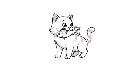 Vector Cartoon Cat Holding Fish SVG Illustration in Flat Style Featuring Playful Animal Character in Monochrome Gray Tones