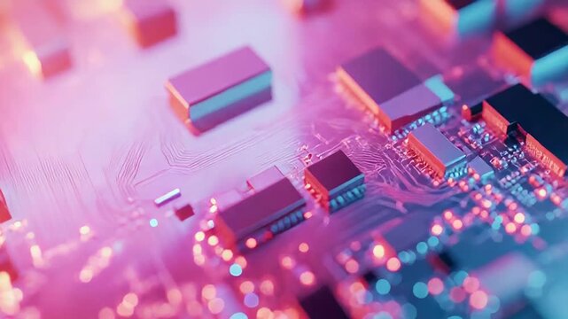 Electronic circuit board showing computer hardware components in pink and blue light