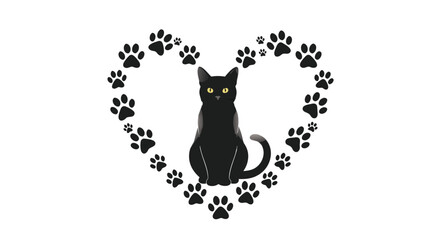 Icon Vector SVG Illustration of Black Cat with Yellow Eyes Surrounded by Heart-Shaped Paw Print Pattern in Minimalist Flat Style for Web and Digital Design