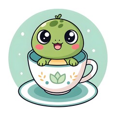 Adorable Chibi Baby Titicaca Water Froglet With Sparkly Eyes Sweetly Sitting Inside A Cute Teacup, Whimsical Pastel Cartoon Style, Charming Kawaii Fantasy Amphibian Character