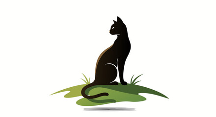 Minimalist Vector SVG Illustration of Cat Sitting on Grass in Flat Style with Black and Green Colors