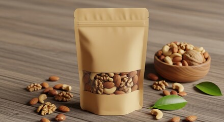 Kraft pouch bag filled with mixed nuts and seeds on a wooden table